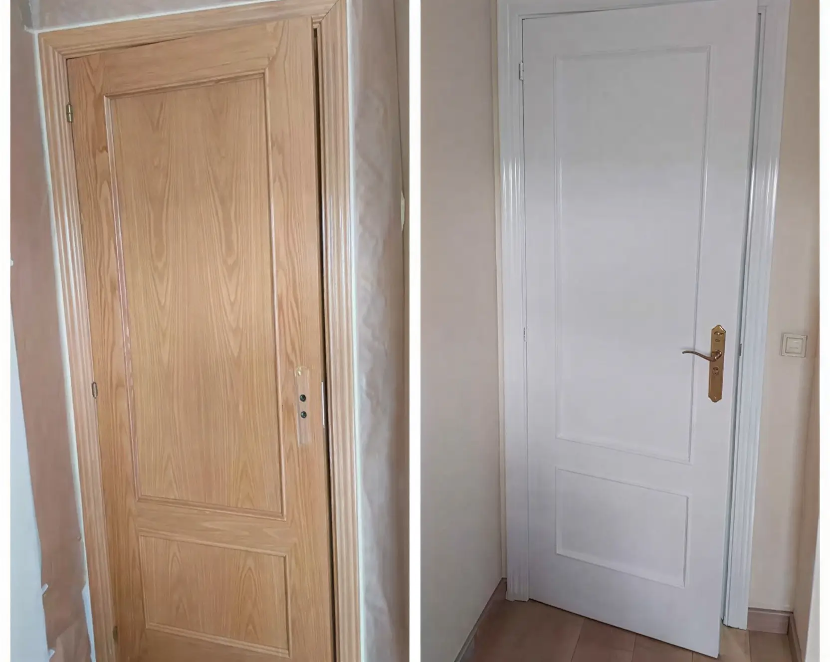 Antes y después de lacar puerta de madera en blanco por Los Pintores Toledo