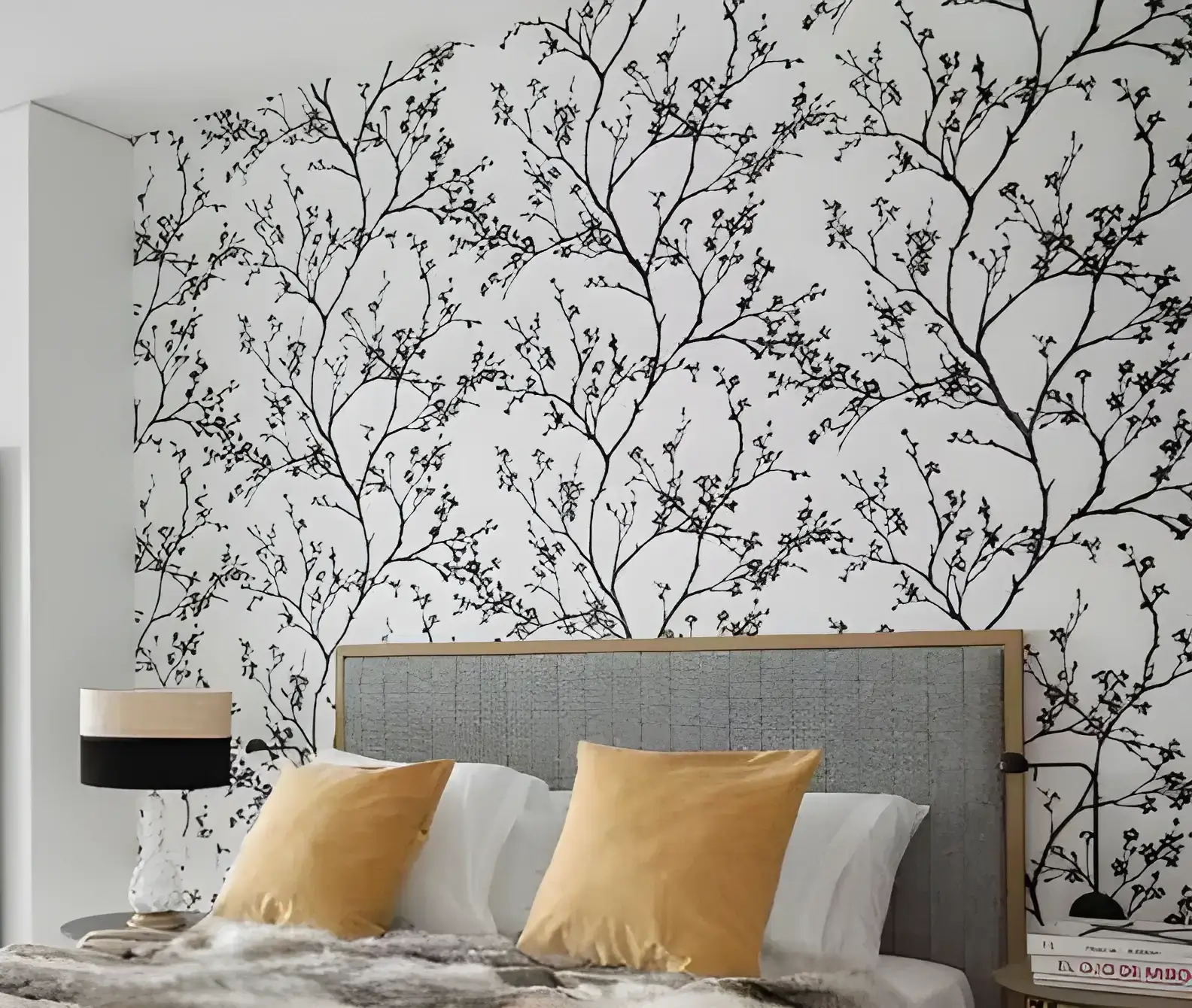 Los Pintores Toledo instalando papel pintado de ramas en cabecero de dormitorio moderno
