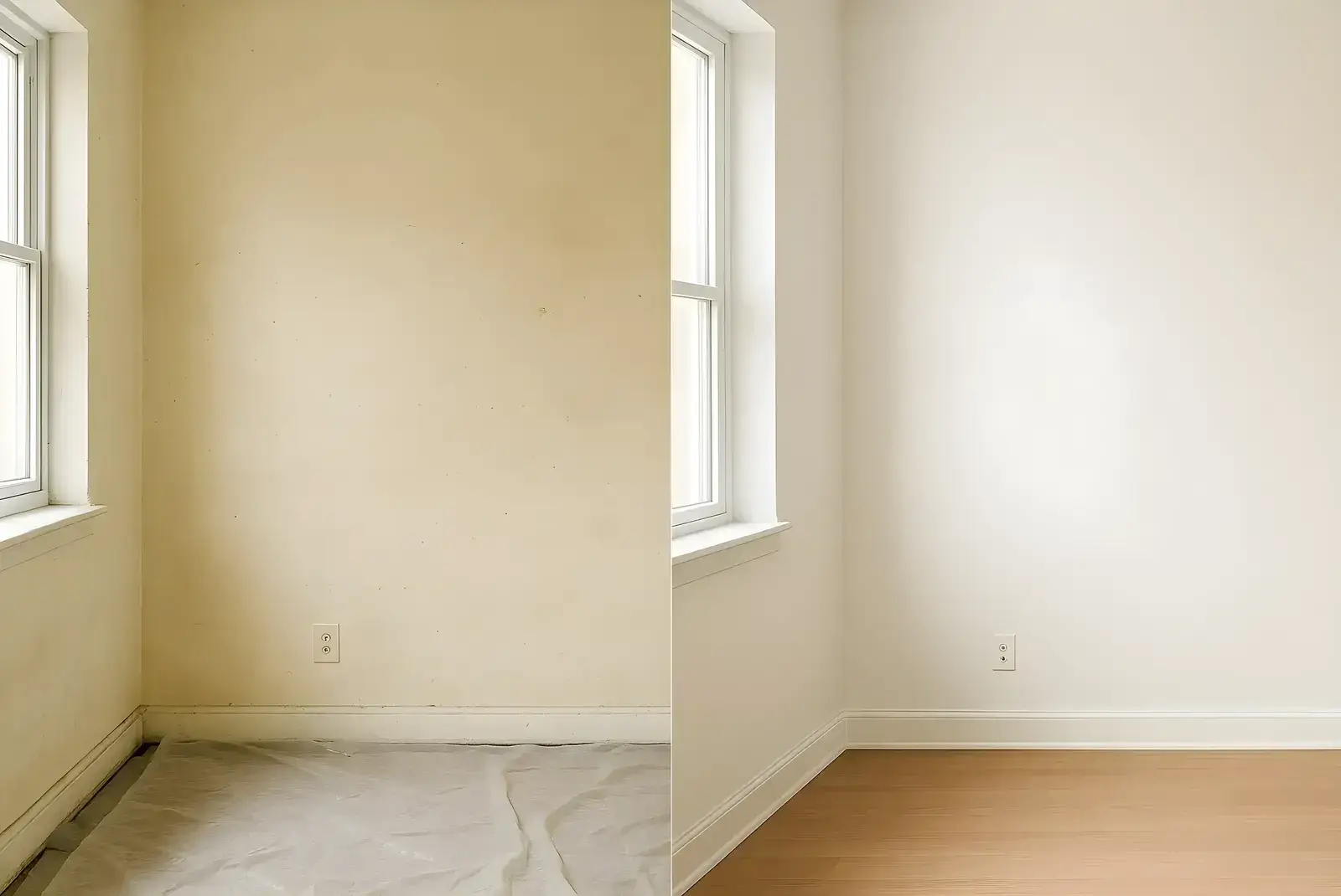 Antes y después de pintura interior en salón, trabajo de Los Pintores Toledo con paredes renovadas